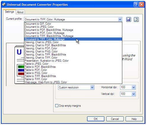 Select the "Document to TIFF, Color, Multipage" profile in the Printing Preferences window and press "OK".