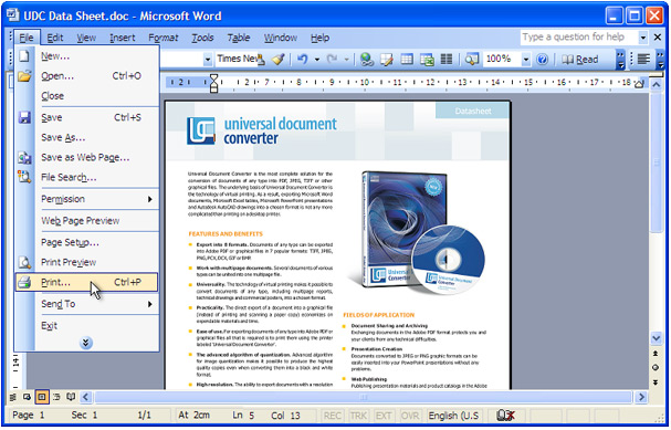 Open the document in Microsoft Word and press "File->Print..." in application main menu.